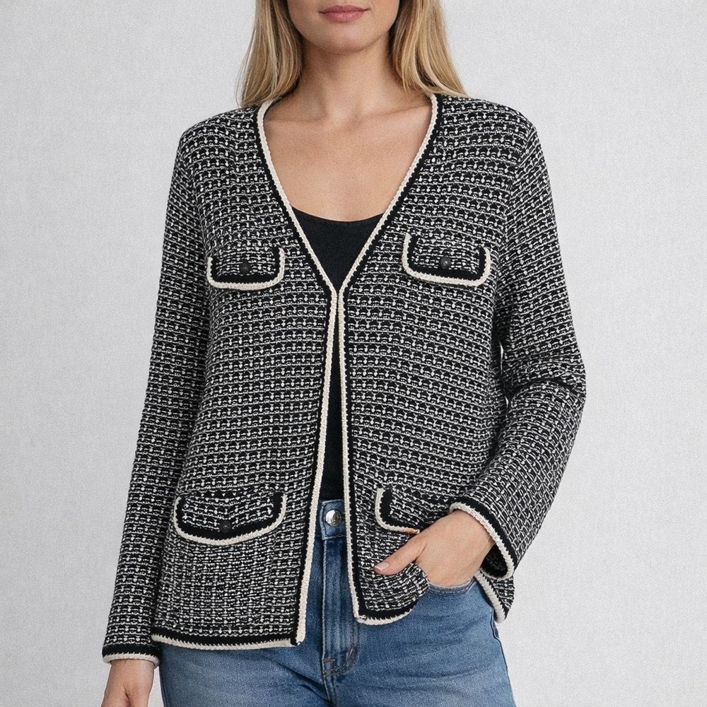 Talbots Textured Knit Cardigan Jacket Black White Button Front Pockets Large